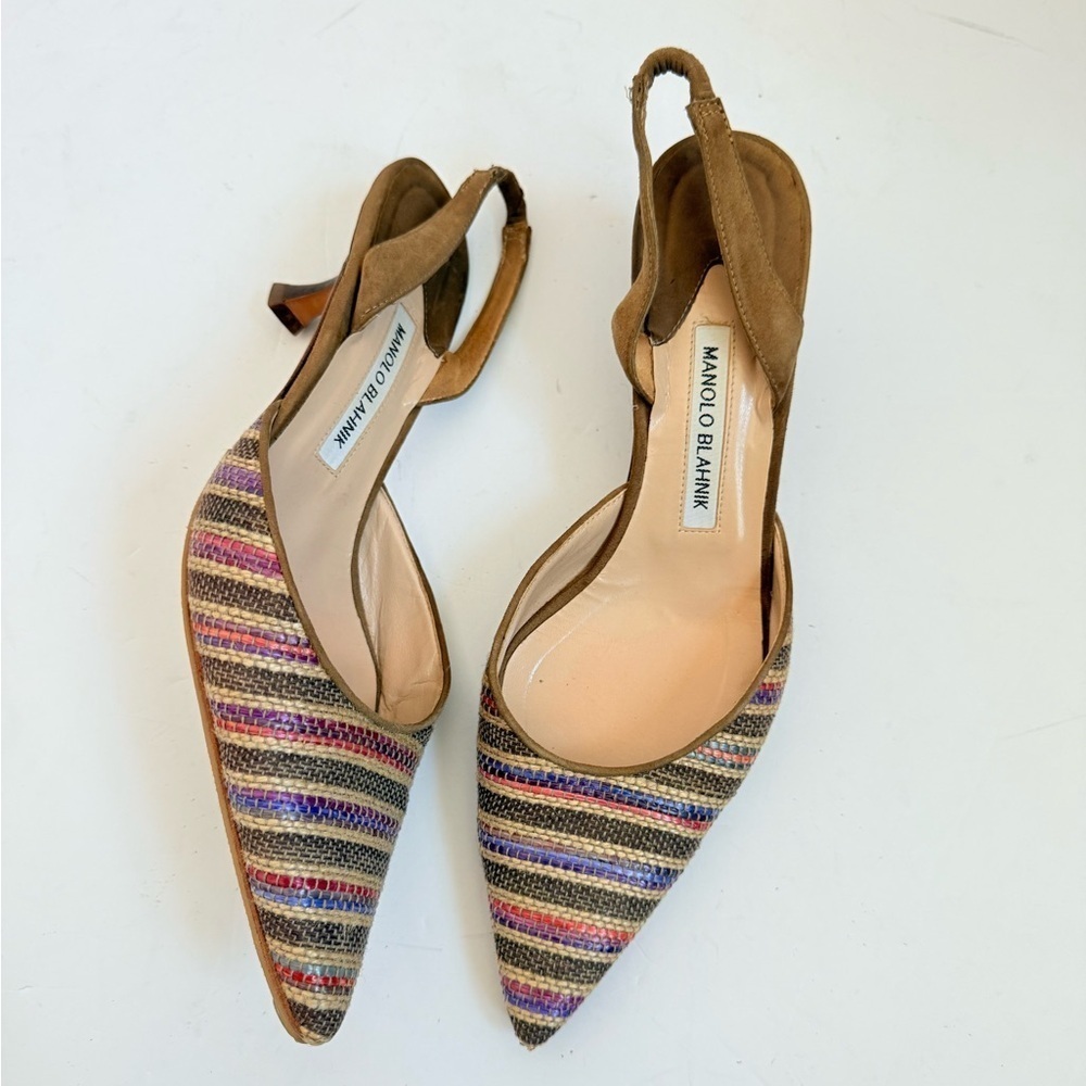 Manolo Blahnik Brown Suede leather multicolor stripe Raffia Carolyne pumps 40.5